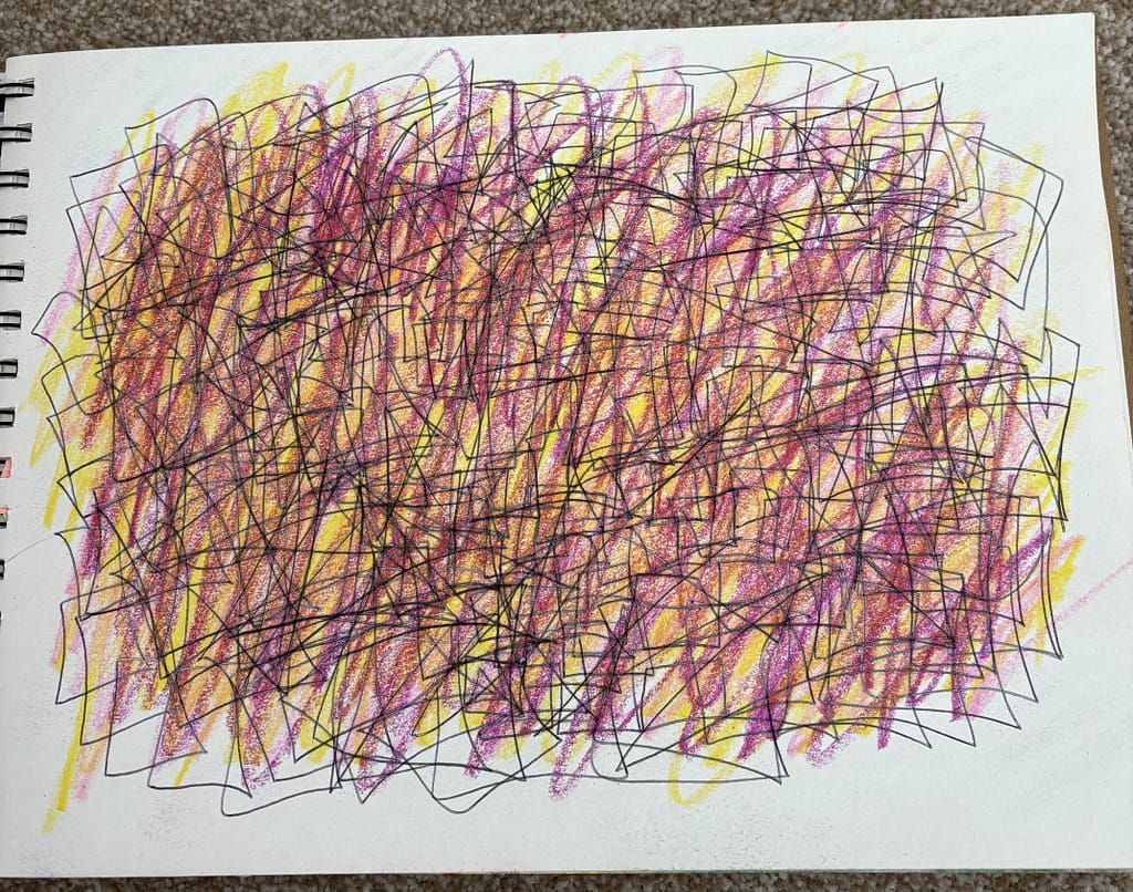 chaotic layered scribble art in pink yellow and black expressing overwhelm and movement
