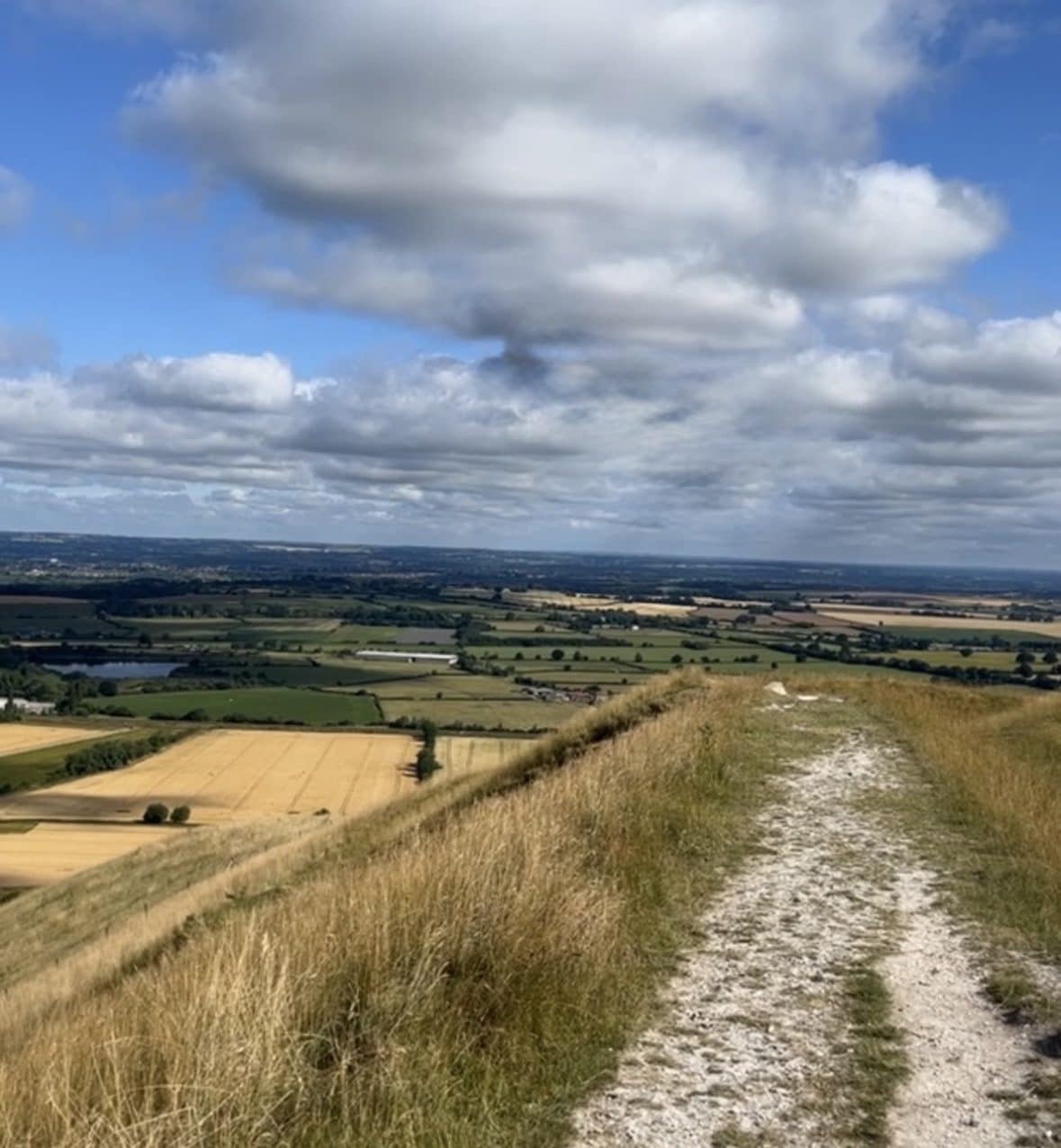 A chalk path winding across rolling hills beneath a wide blue sky with large white clouds.