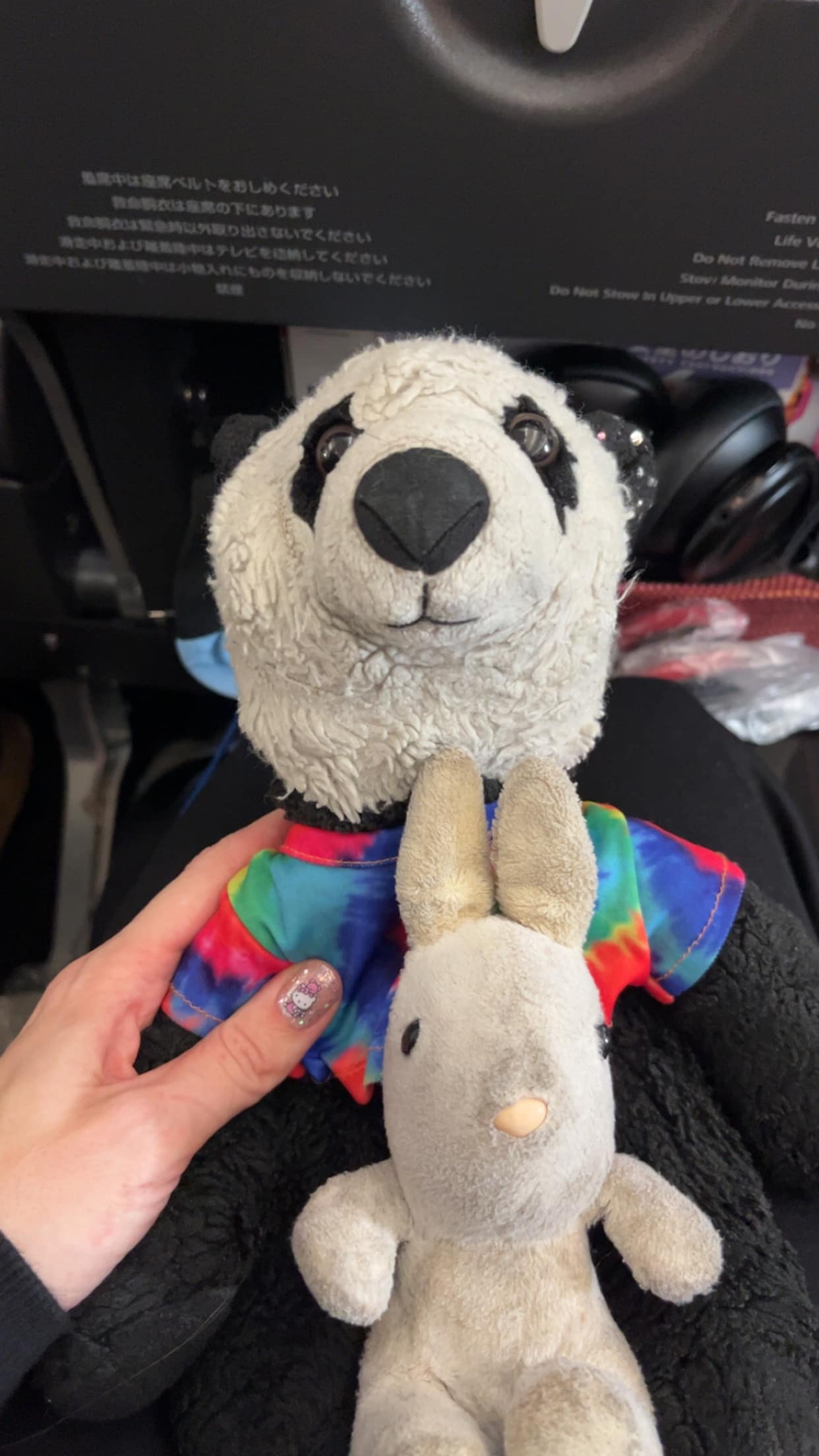 Two comfort objects (a panda and a bunny) sitting on a person’s lap during a long haul flight