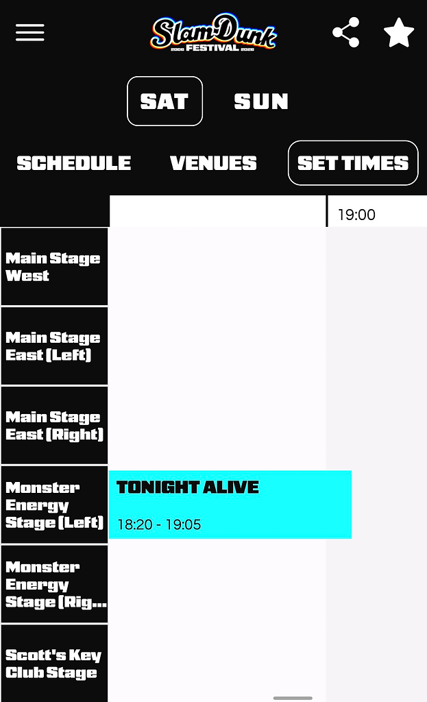 Slam Dunk Festival app showing personalised band set times and stage schedule